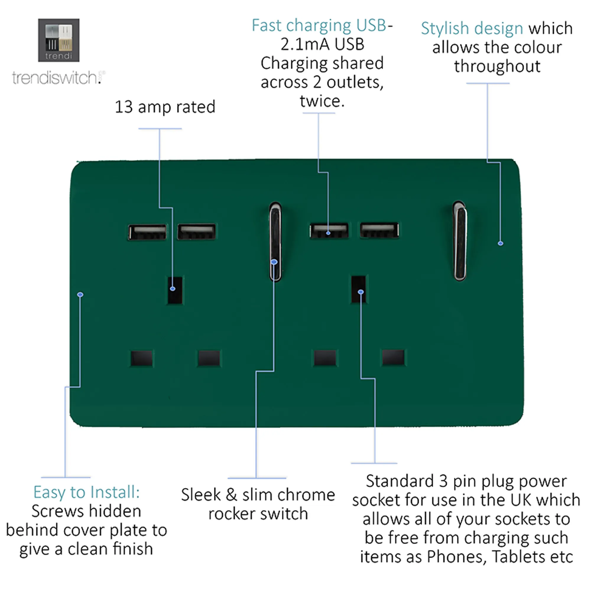 2 Gang 13Amp Switched Double Socket With 4X 2.1Mah USB Dark Green ART-SKT213USBDG  Trendi Dark Green